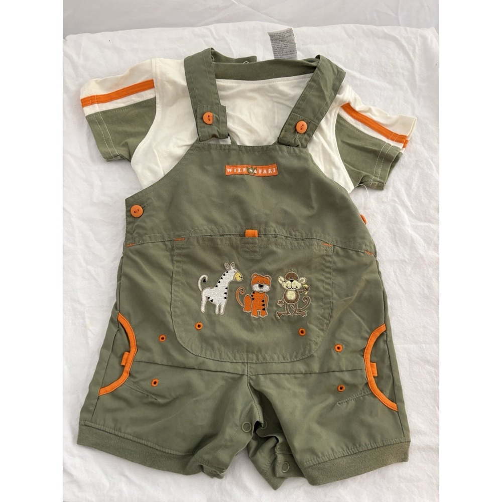 Tiny Tots Wild Safari 2 Piece Overall Set 12 Months Zebra Tiger Monkey Cotton